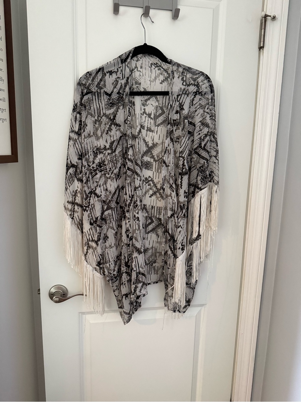 BCBGeneration Black and Cream Fringed Geometric Kimono